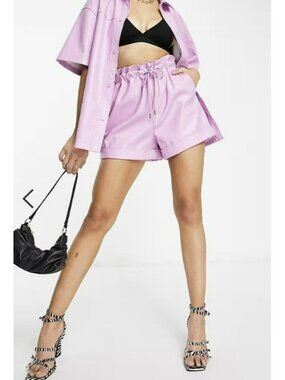Topshop Lilac Faux Leather Paperbag Waist Shorts US 4
